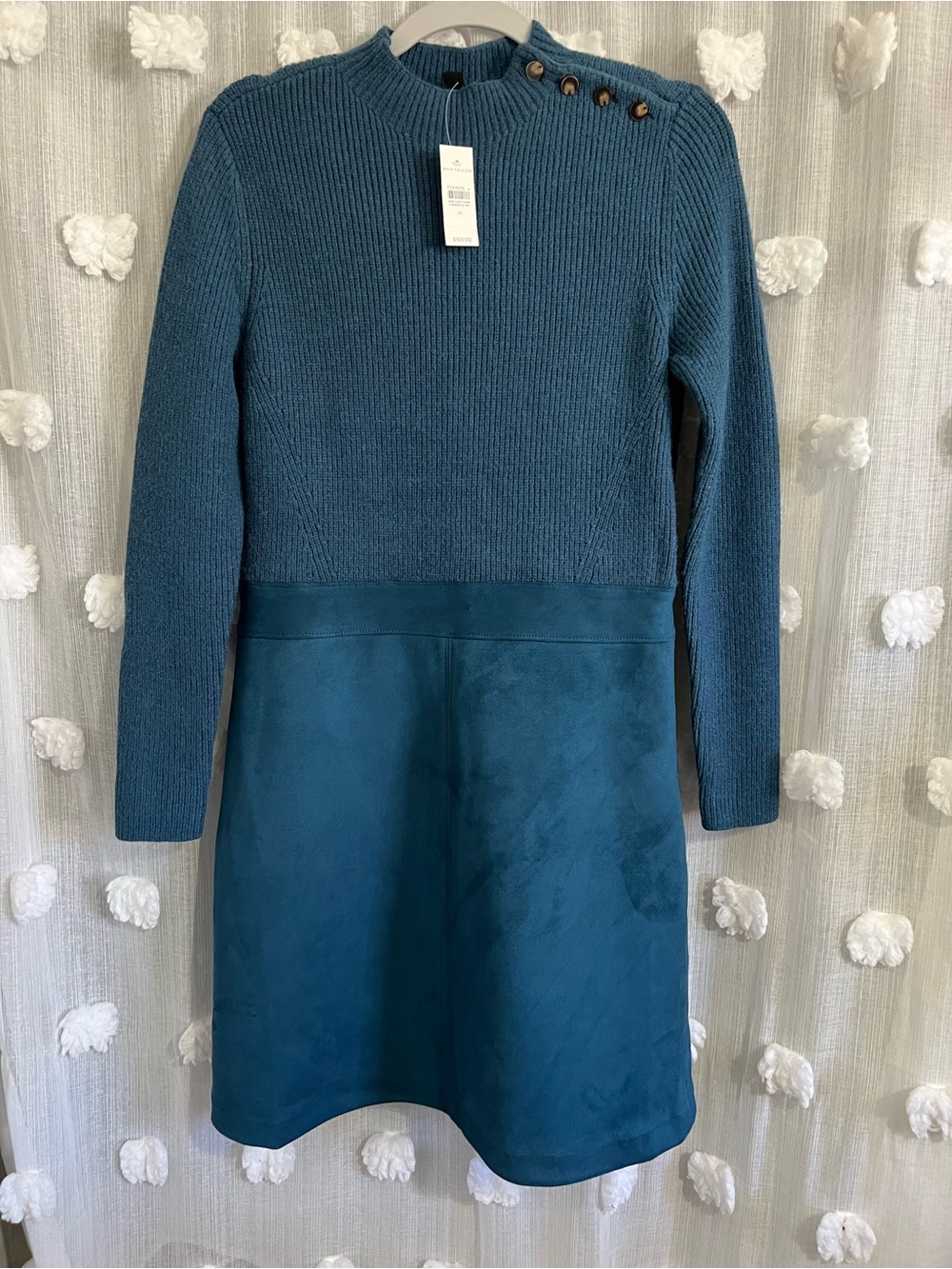Ann Taylor Teal Knit-Top Sweater Dress with Button Shoulder
